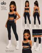 Collage of a doll wearing an Alo sports bra and leggings set with multiple views.