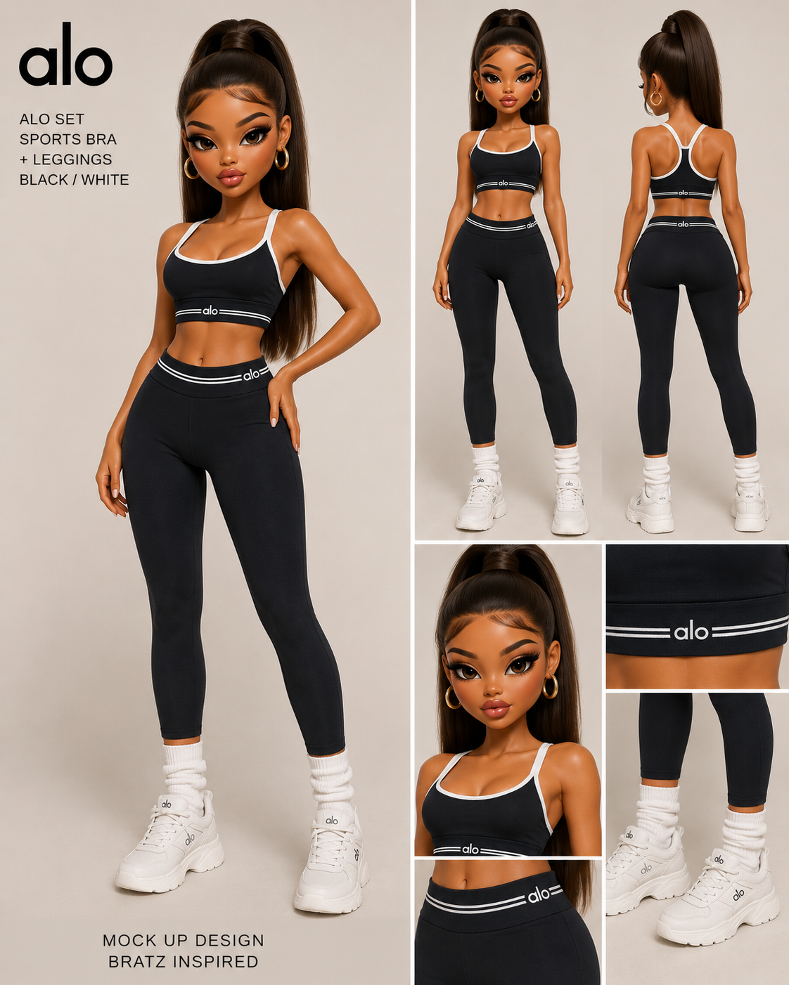 Collage of a doll wearing an Alo sports bra and leggings set with multiple views.