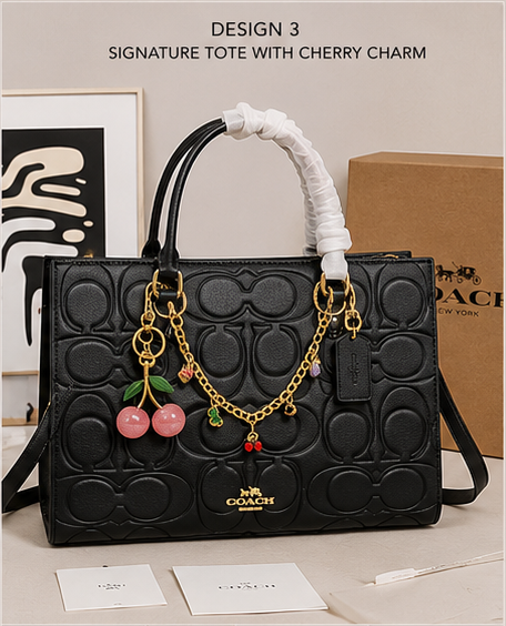 Black signature tote bag with cherry charm and Coach logo, placed on a light surface with a neutral background.