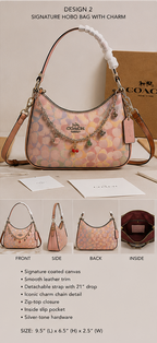 Coach handbag with floral pattern and charm, shown from multiple angles with product details.