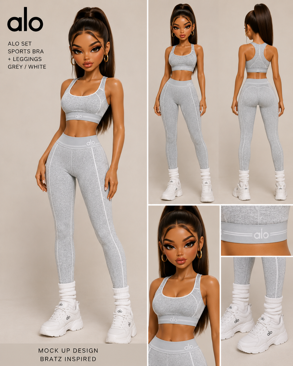 Gray sports bra and leggings set with Bratz-inspired design on a beige background