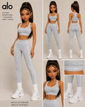 Gray sports bra and leggings set with Bratz-inspired design on a beige background