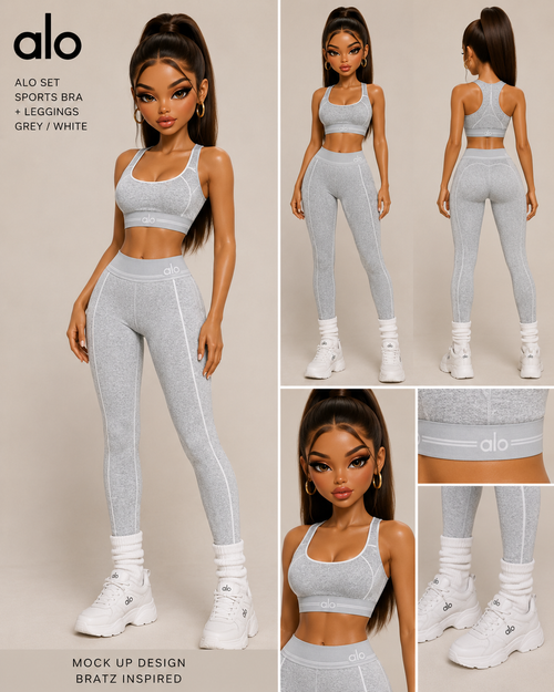 Gray sports bra and leggings set with Bratz-inspired design on a beige background