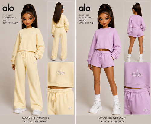 Two outfits inspired by Bratz dolls, one in butter yellow and the other in lavender pink, with 'alo' branding.