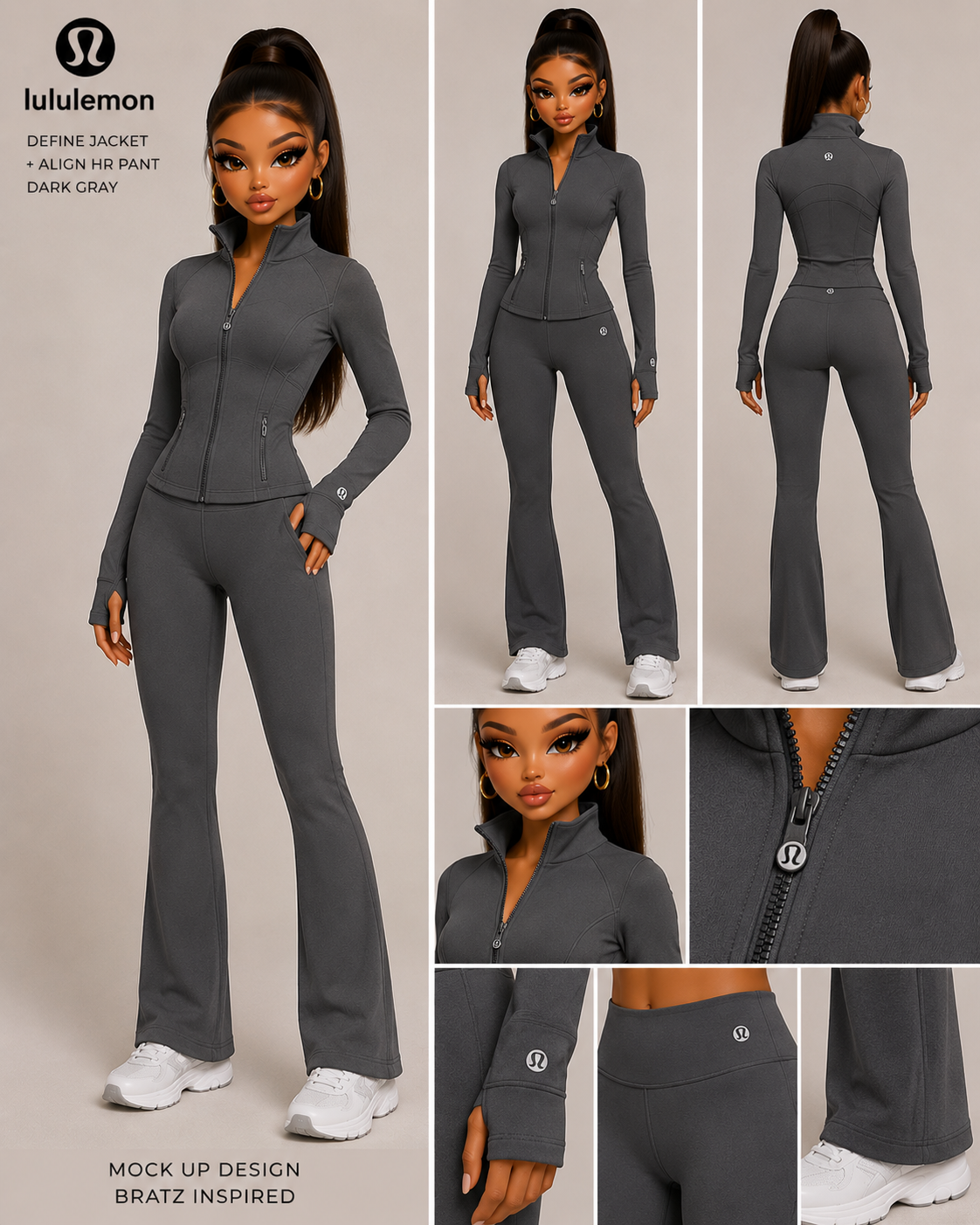 Lululemon outfit with jacket and pants displayed on a mannequin and Bratz doll, with close-up details.