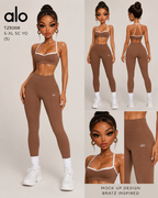 Brown athletic outfit with white accents worn by a model, displayed on a plain background.