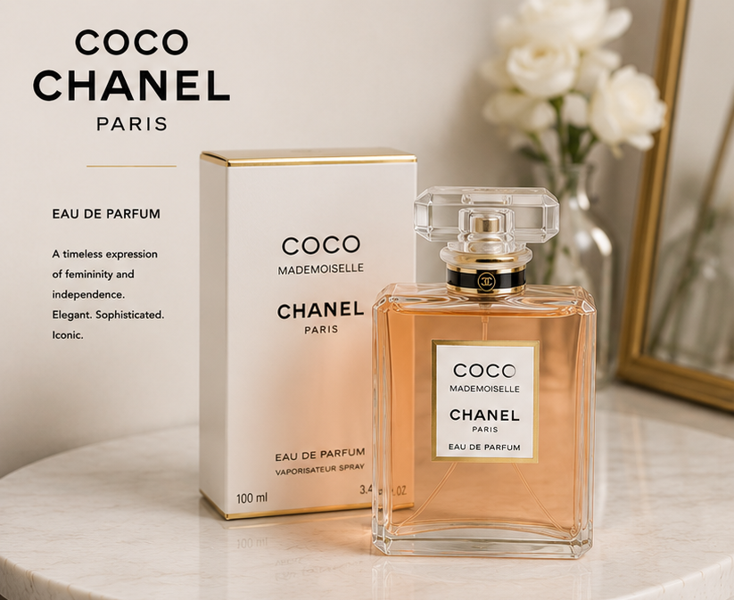 Coco Chanel perfume bottle and packaging with detailed product information.