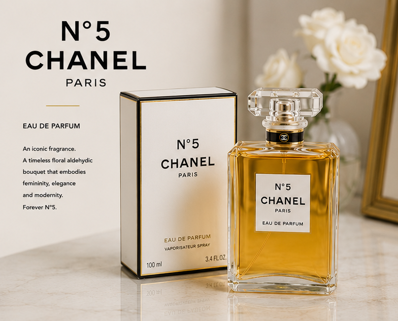 Chanel No. 5 perfume with packaging details and fragrance notes on a white background